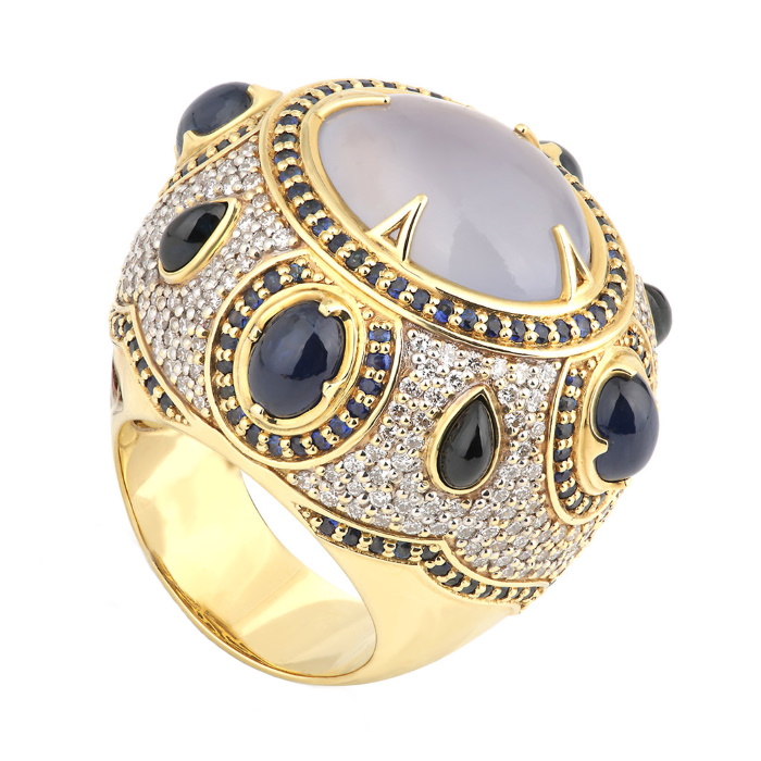 Кольцо «Византия» с халцедоном, сапфирами и бриллиантами